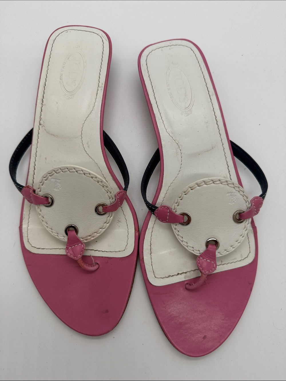Tod's Pink and White Leather Slide Sandals 7 1/2